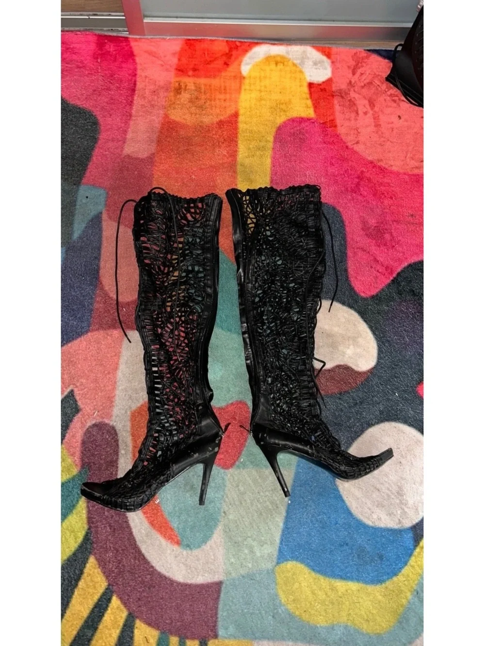 Black Lace-Up Knee-High Stiletto Boots